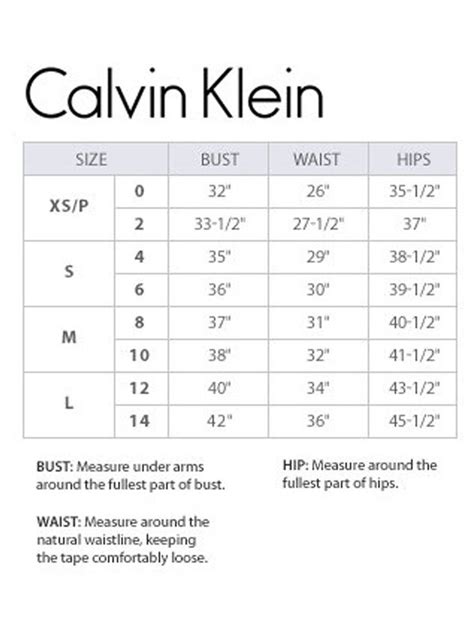 calvin klein size chart women's.